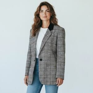 Vintage 1990s Sellecca Size 10 Wool Blend Blazer Jacket Plaid One Button